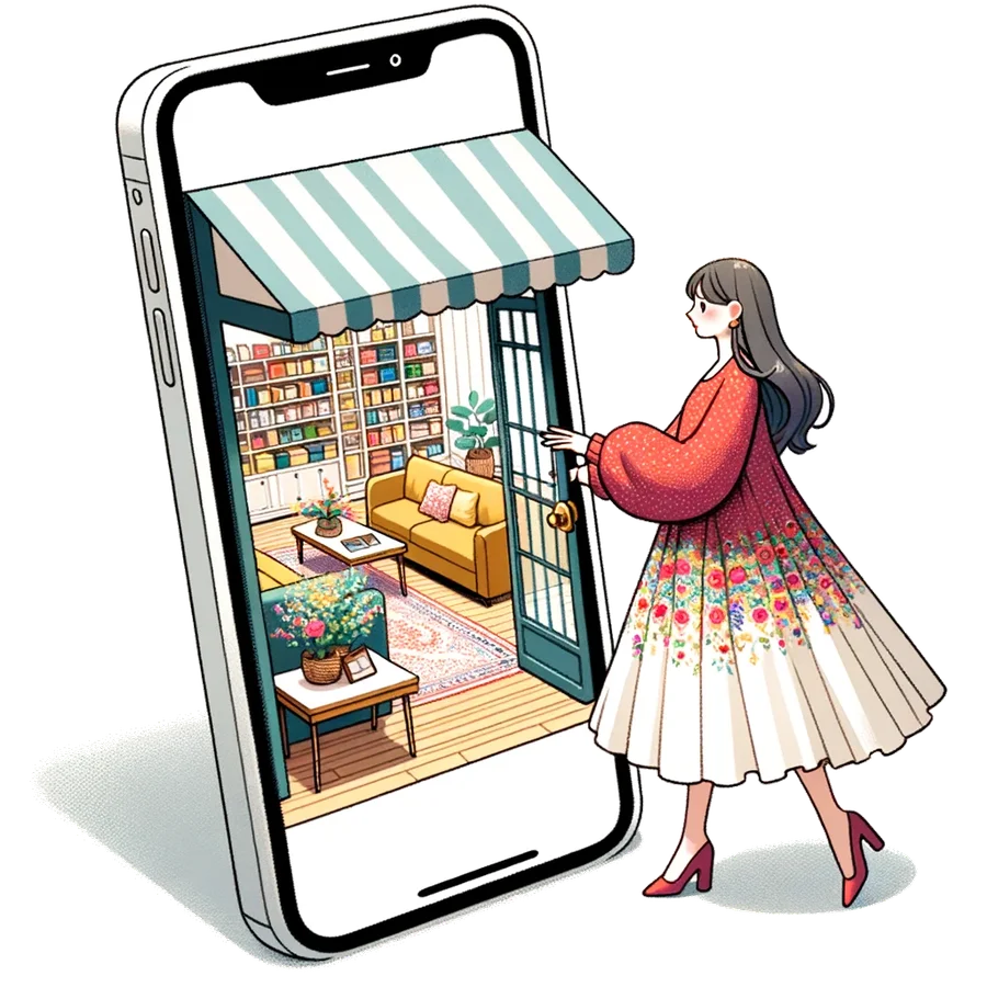 An illustrated storefront inside a smartphone, with a customer at its door